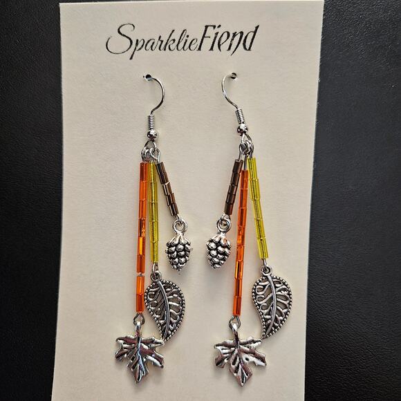 Autumn/Fall-Color Bugle Bead and Antique Silver Leaf Earrings - Picture 1 of 1